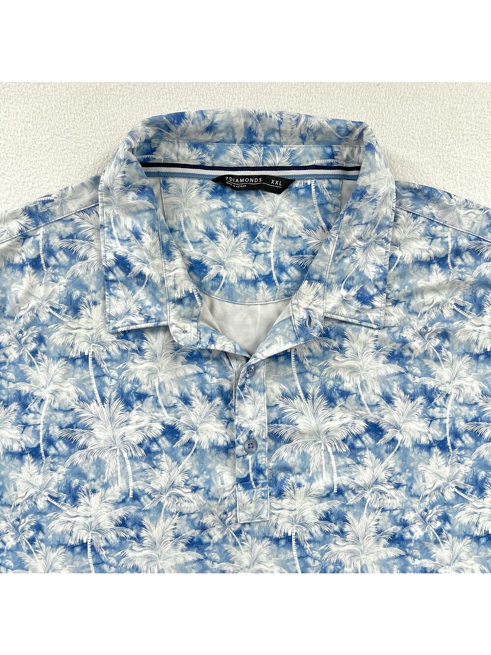 7 Diamonds Blue White Palm Tree Tropical Print Performance Golf Polo Shirt XXL